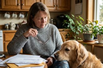 Femme réfléchissant à ses factures vétérinaires avec son chien golden retriever