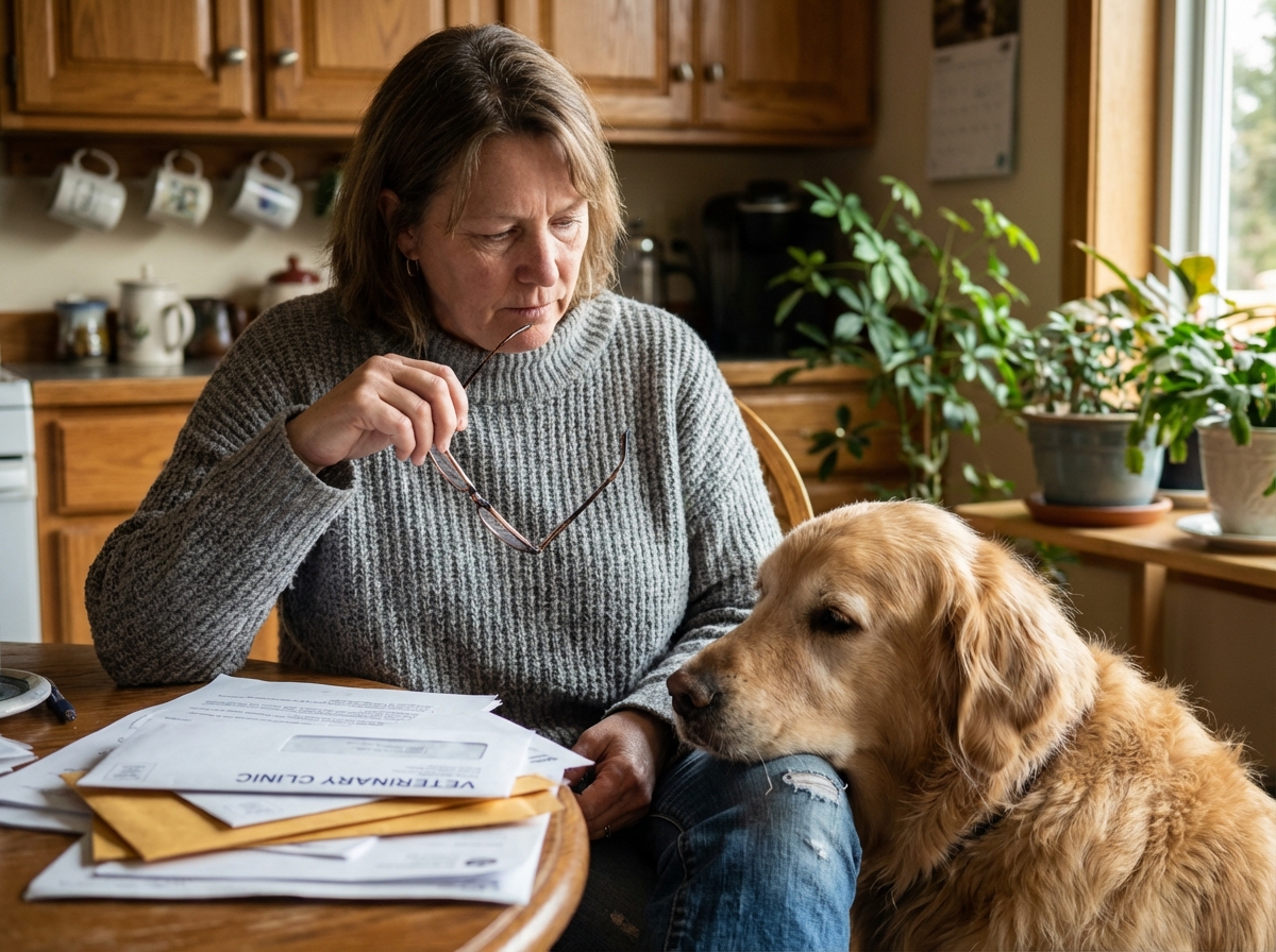 Femme réfléchissant à ses factures vétérinaires avec son chien golden retriever