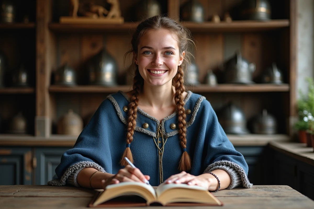 Jeune femme viking souriante avec livre et objets anciens