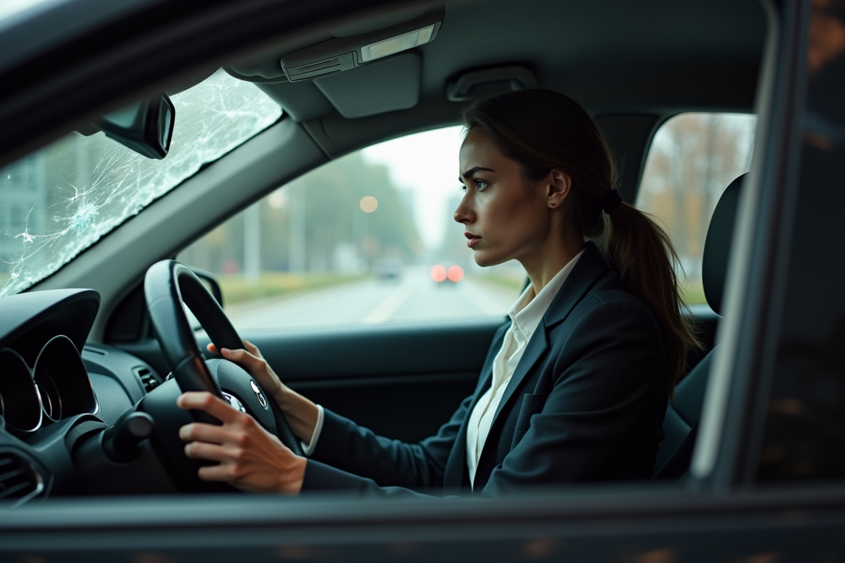 Femme inquiète dans sa voiture avec vitre cassée