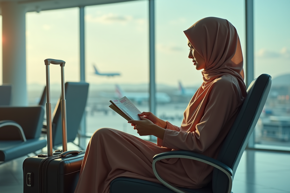 Femme musulmane dans un lounge aéroport avec guide de voyage