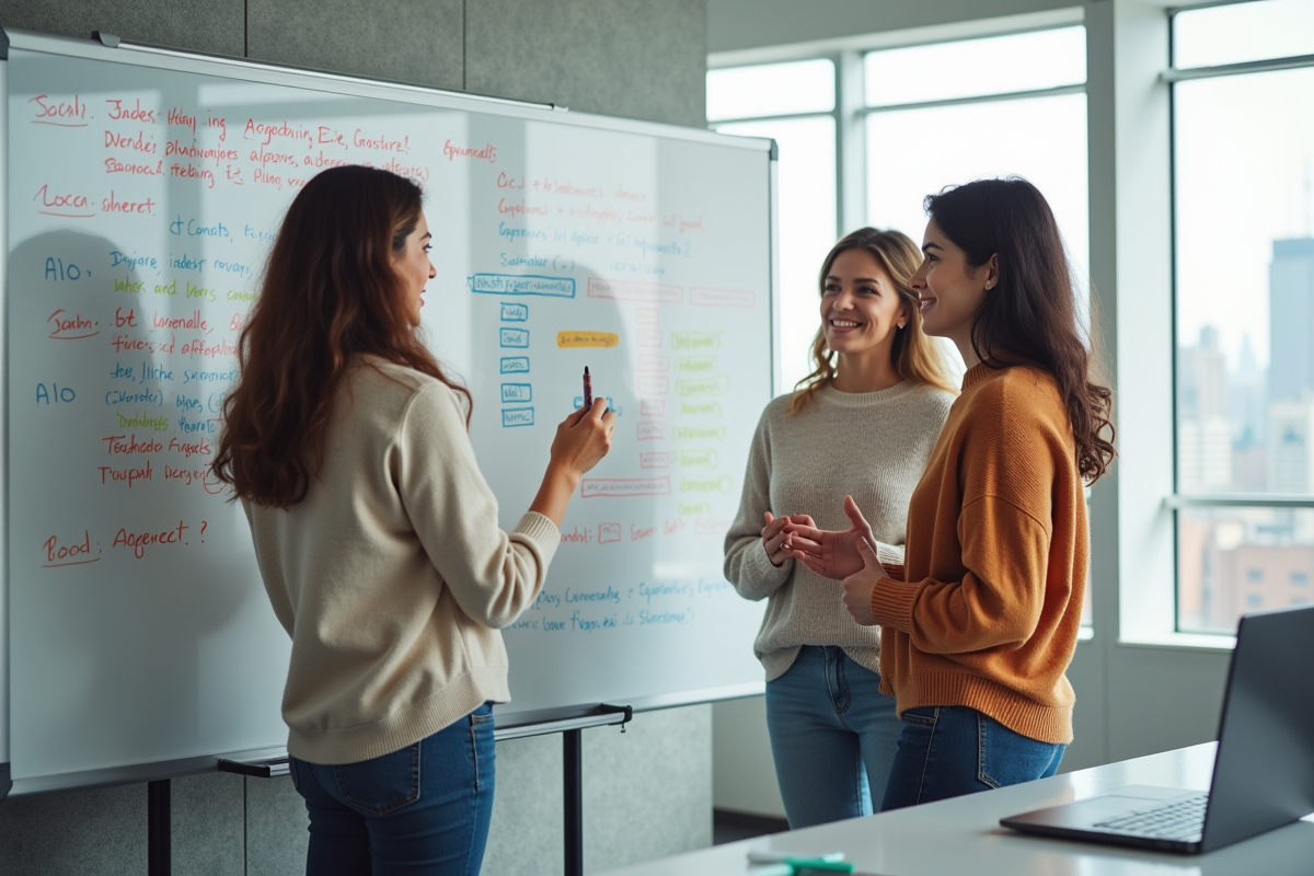 Groupe de femmes discutant devant un tableau blanc en bureau lumineux