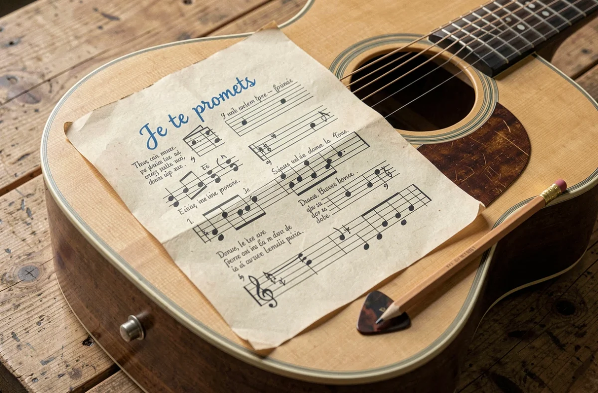 Feuille d'accords manuscrite pour Je te promets posée sur une guitare acoustique vue de dessus sur une table en bois