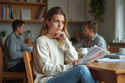 Jeune femme réfléchie tenant des brochures d'université dans une cuisine chaleureuse