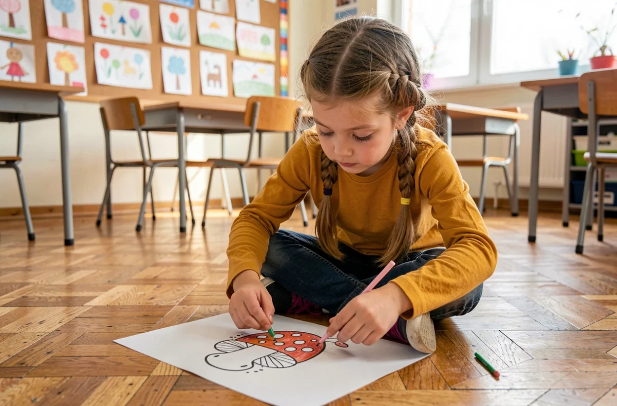 Petite fille concentrée en train de colorier un champignon imprimé sur une feuille A4 dans une salle de classe colorée