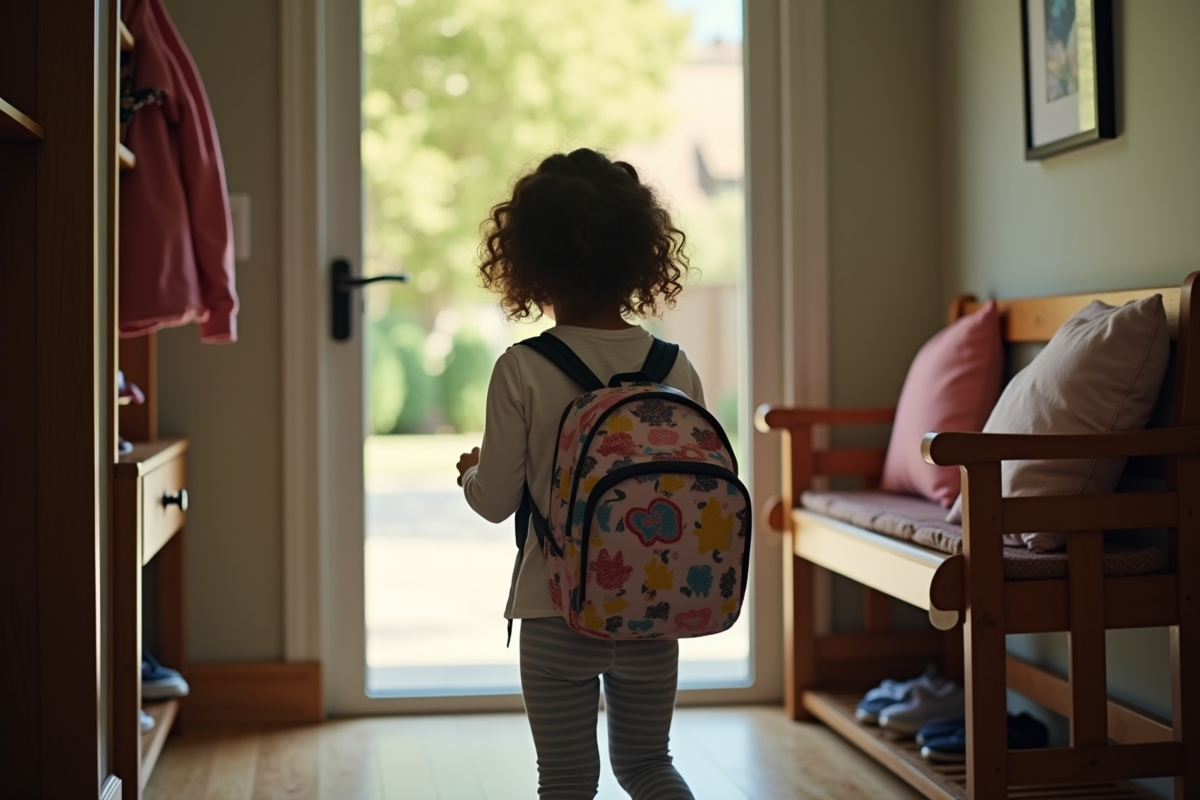 Fille de 7 ans mettant son sac à la porte d