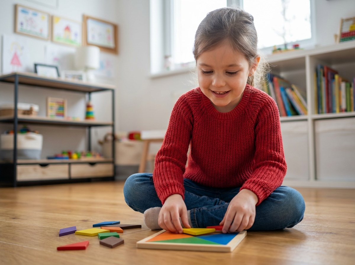 Jeune fille de 5 ans assemble un tangram coloré dans une salle de jeux lumineuse