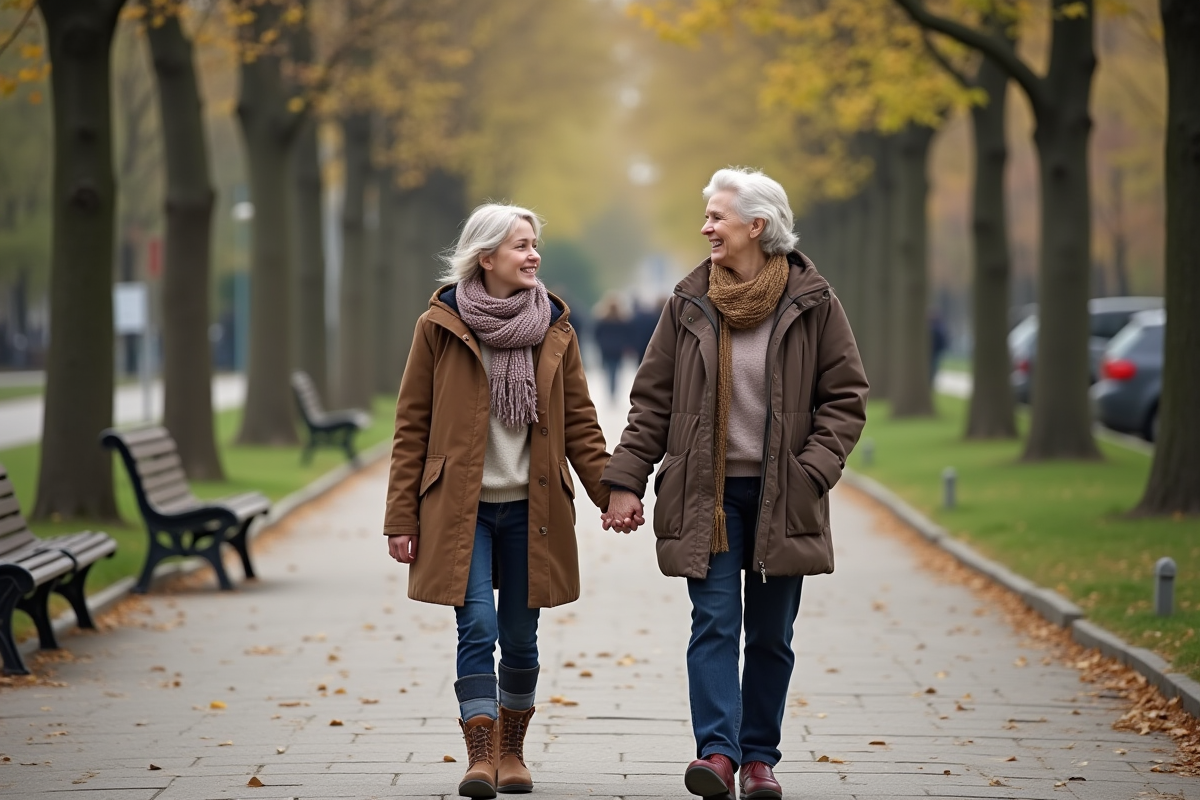 Fille et mère marchant dans un parc au printemps en souriant