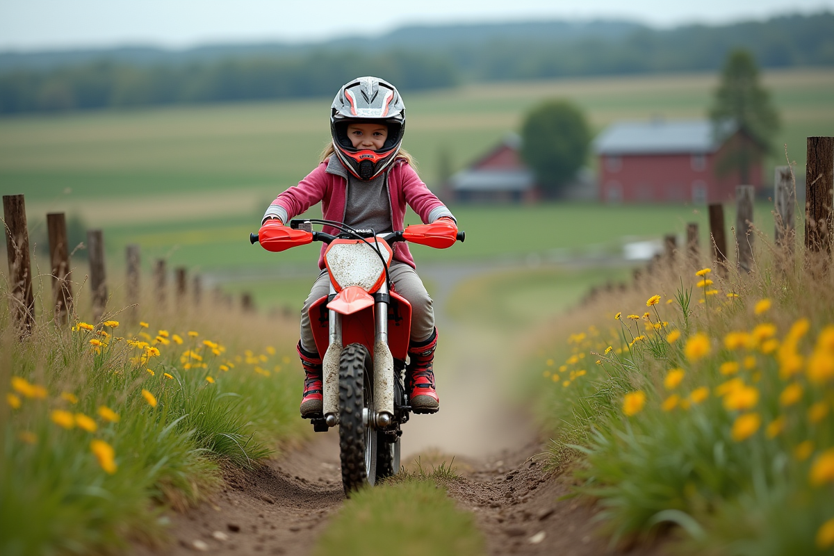 Fille de 9 ans en action sur une moto tout-terrain dans la nature