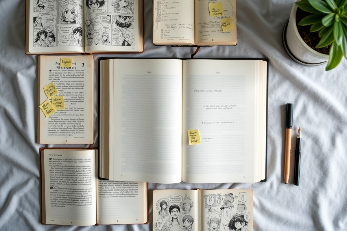 Disposition éditoriale de volumes de manga, notes de théorie et fiches personnage pour l'analyse de Saint Garling Figarland dans One Piece 2026