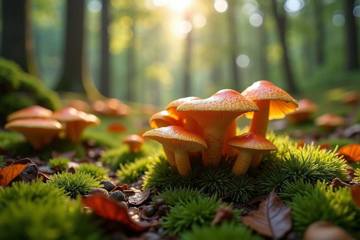 Sol forestier avec champignons et mousse après la pluie