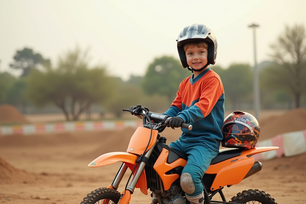 Jeune garçon de 7 ans avec équipement motocross et petite moto