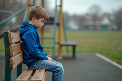 Garçon de 8 ans pensif assis seul sur un banc d'école