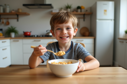 Garçon de 7 ans mangeant un petit déjeuner sain dans une cuisine lumineuse