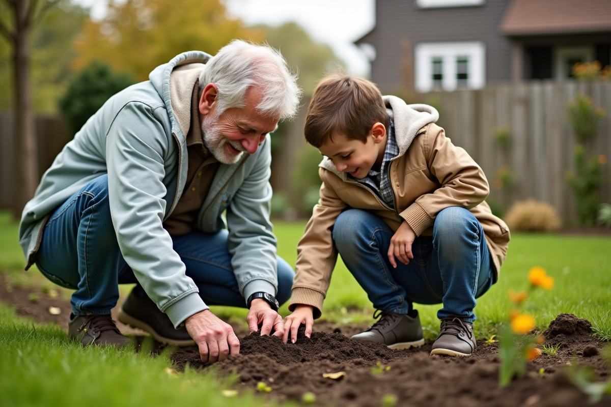 Grand-père et petit-fils jardinant ensemble dans le jardin familial