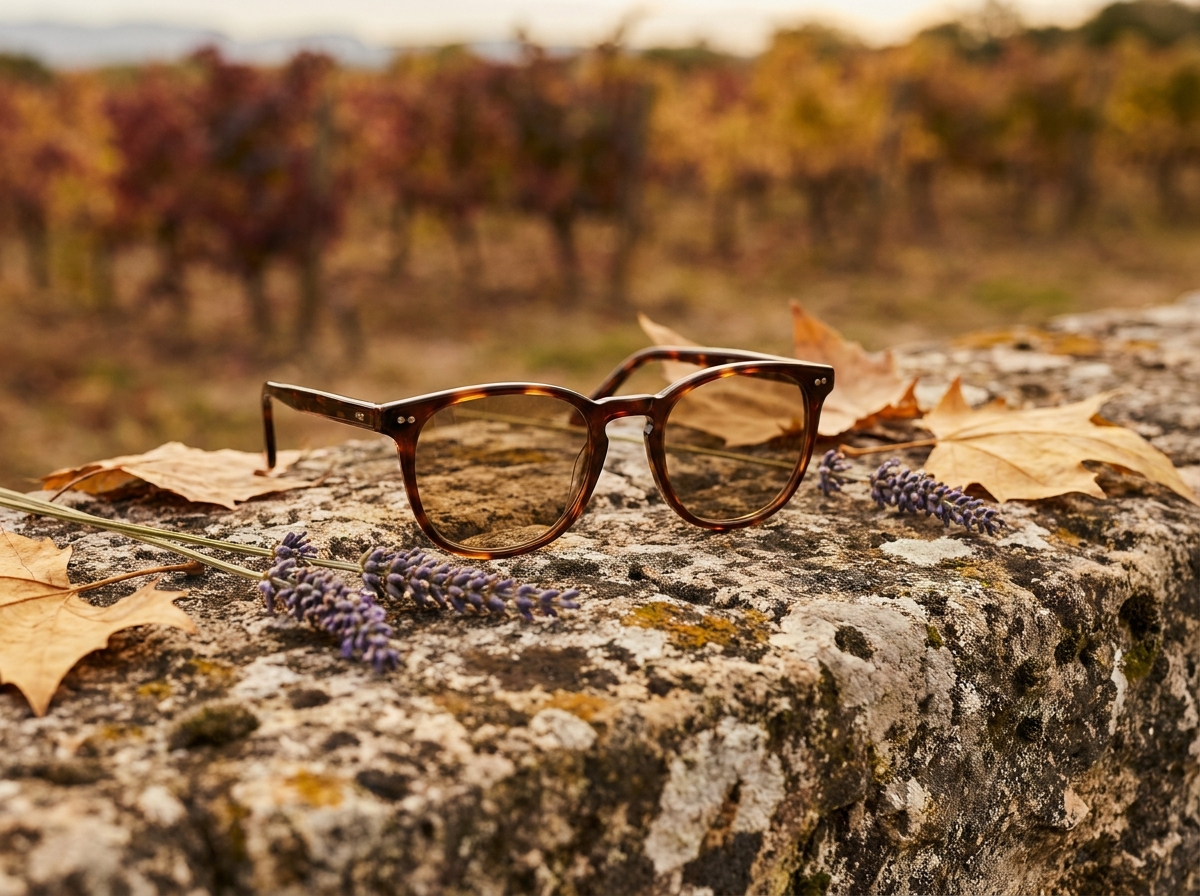 Gros plan de lunettes photochromiques teintées posées sur un muret en pierre calcaire provençal avec des feuilles dorées et des brins de lavande séchée