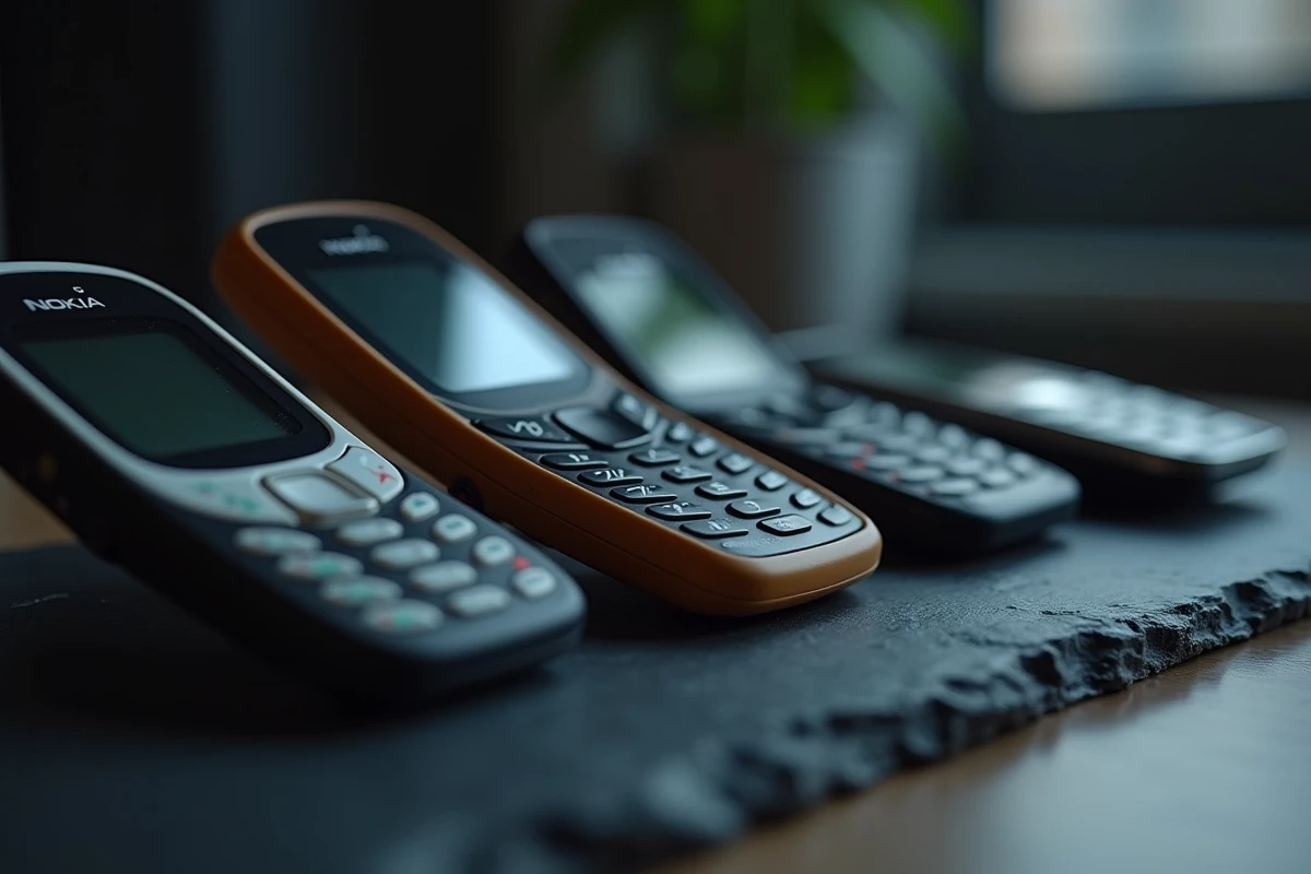 Gros plan sur plusieurs anciens modèles Nokia des années 90 et 2000 disposés sur une ardoise, téléphones vintage collectors