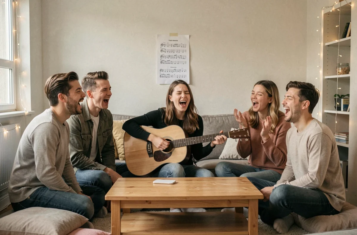 Groupe d'amis chantant ensemble autour d'une guitariste lors d'une soirée musicale avec les accords de Je te promets