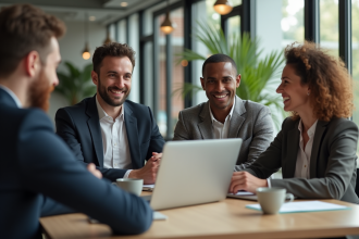 Groupe de quatre employés de bureau en discussion