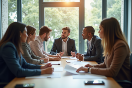 Groupe d'employes de bureau discutant des horaires