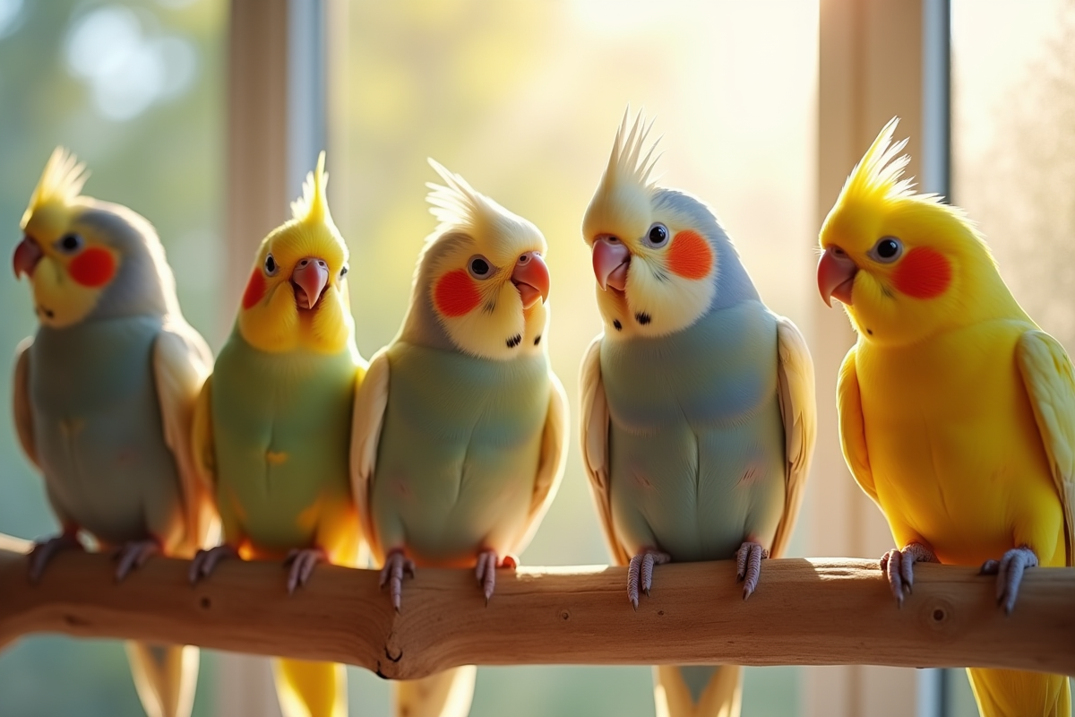 Groupe de perruches colorées sur perchoir en lumière naturelle