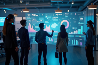 Groupe de personnes interagissant avec une interface futuriste numérique
