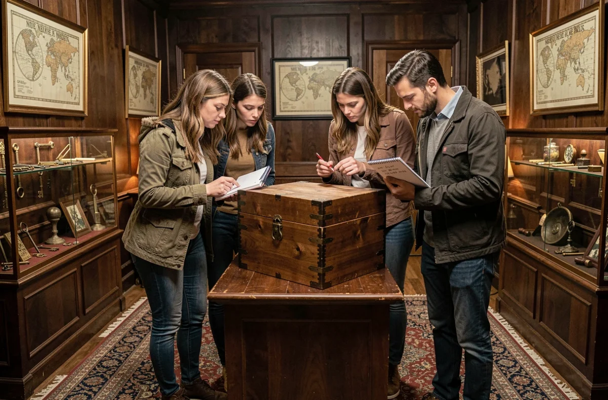 Groupe de joueurs adultes résolvant ensemble une boîte à énigmes dans une escape room de style victorien, solution collaborative niveau par niveau