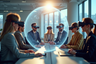 Groupe de personnes autour d'un globe digital avec VR