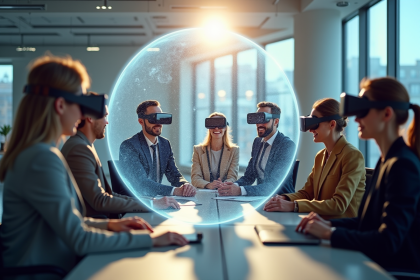 Groupe de personnes autour d'un globe digital avec VR