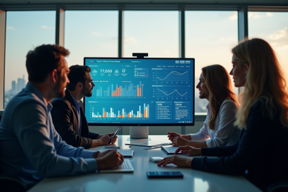 Groupe de professionnels autour d'un tableau digital intranet à Amiens