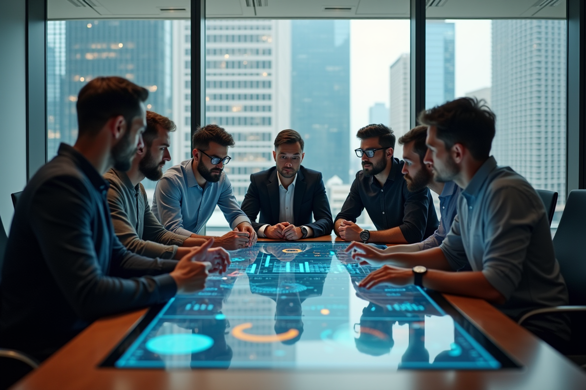 Groupe divers d experts IT discutant autour d une table digitale