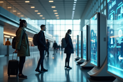 Groupe d'adultes divers dans un aéroport futuriste avec hologrammes