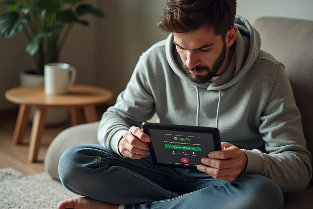 Jeune homme consultant un guide des indicatifs internationaux pour appeler l'Algérie sur une tablette