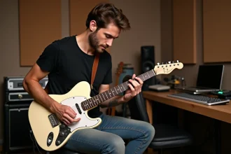 Guitariste jouant une Fender Jazzmaster blanche dans un home studio avec traitement acoustique, recréant le son de Pat Smear de Nirvana