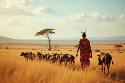 Homme Maasai en tenue traditionnelle dans la savane kenyane