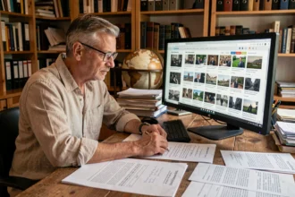 Historien du web explorant des archives de sites internet sur un grand moniteur dans un bureau chaleureux rempli de livres et de notes imprimées