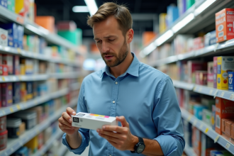 Homme d'âge moyen examinant des cartouches d'imprimante en supermarché