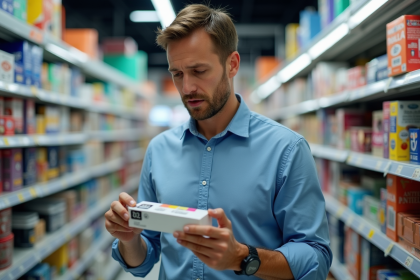 Homme d'âge moyen examinant des cartouches d'imprimante en supermarché