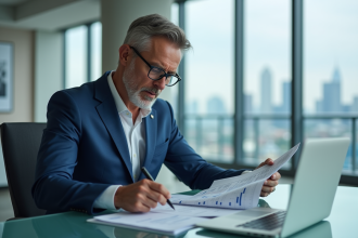 Homme d'affaires en costume bleu dans un bureau moderne