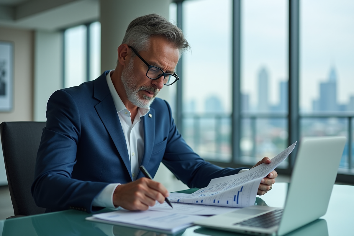 Homme d'affaires en costume bleu dans un bureau moderne