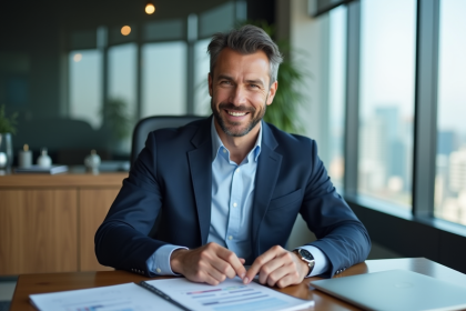 Homme d'affaires confiant en costume navy dans un bureau moderne