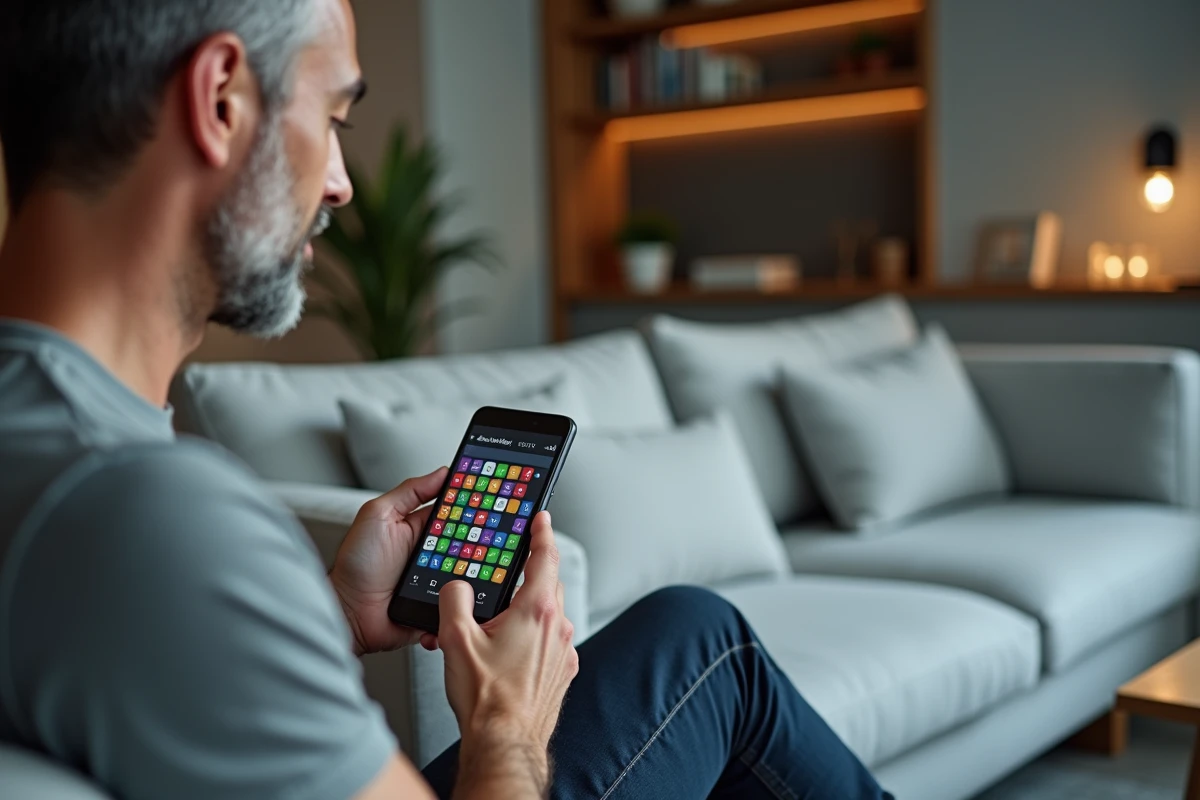 Homme utilisant une application de mots croisés Codycross sur son smartphone dans un salon moderne, cherchant le mot du jour