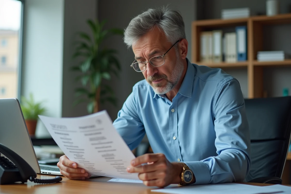 Homme en chemise bleue étudiant une liste de numéros