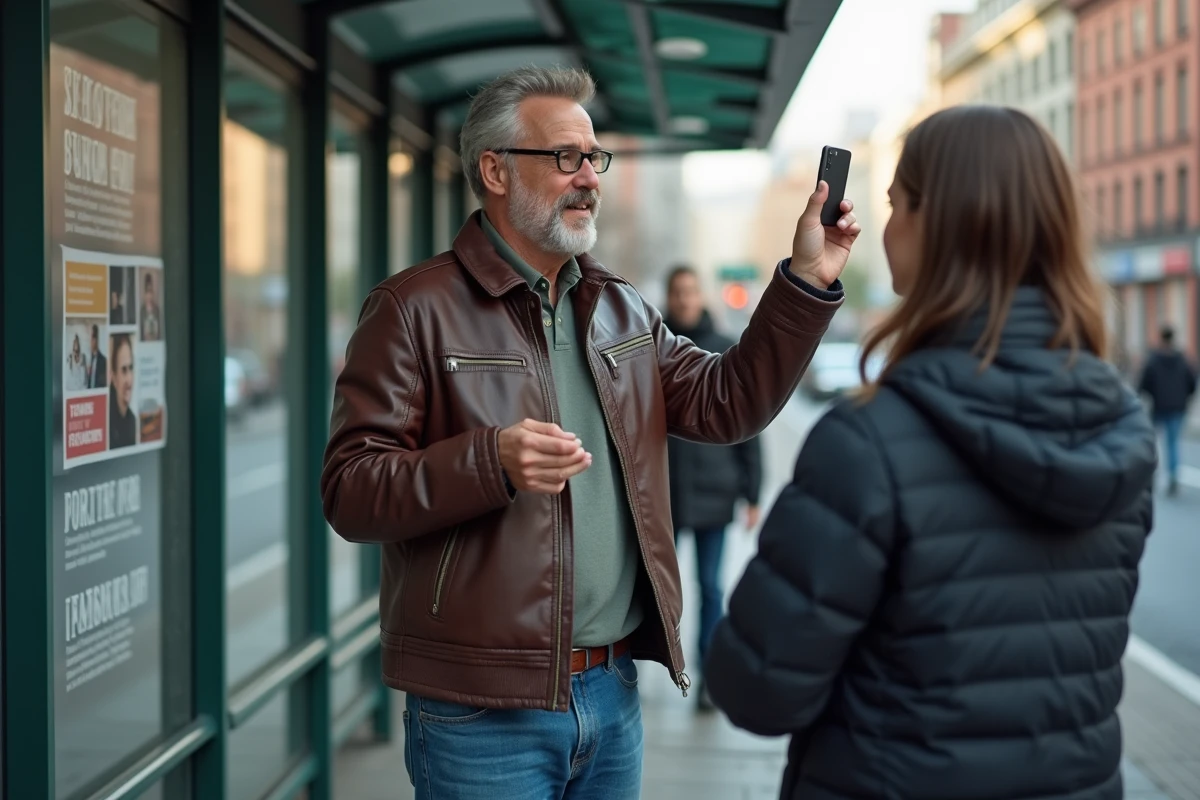 Homme en cuir partageant une publication sur son téléphone dans la rue