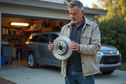 Homme examine un disque de frein dans son garage