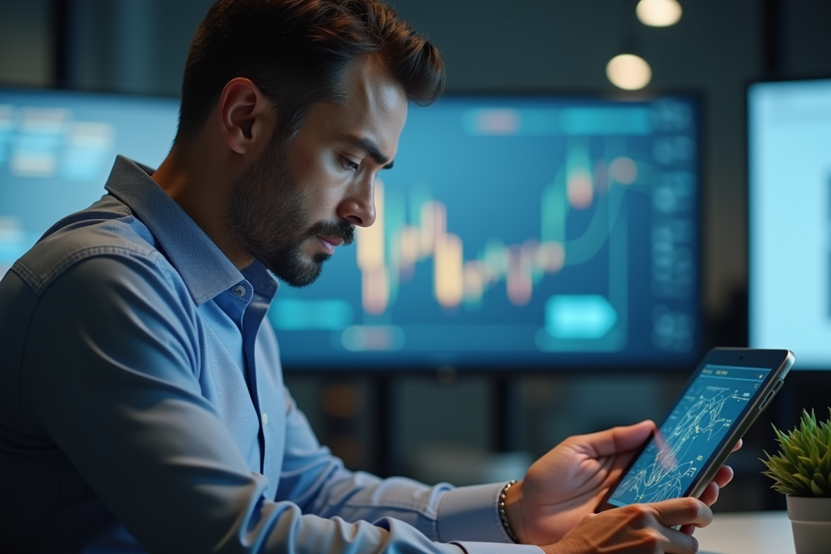Homme d'affaires étudiant un diagramme blockchain sur tablette