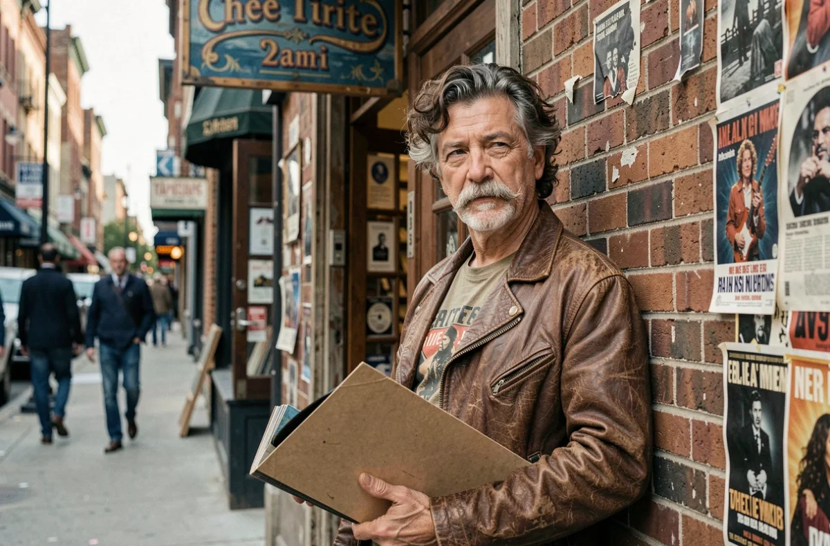 Homme mûr tenant un vinyle devant un magasin de disques américain vintage, évoquant la passion pour la musique des années 70 et 80