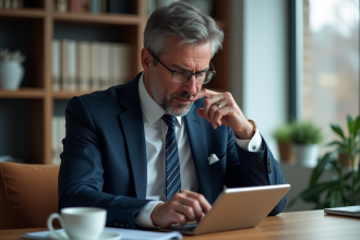 Homme d'âge moyen en costume bleu regardant une tablette