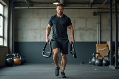 Homme musclé en entraînement CrossFit avec haltères lourds