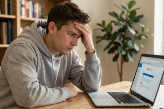 Homme frustré devant un ordinateur portable affichant une erreur de connexion sur un lien faljam